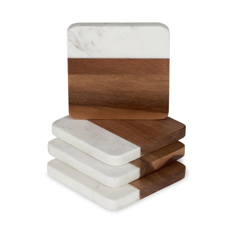 Twine Marble and Acacia Coasters, Modern Square Coasters, Acacia Wood, Marble, Protect Tables and Surfaces, Set of 4 - Image 1